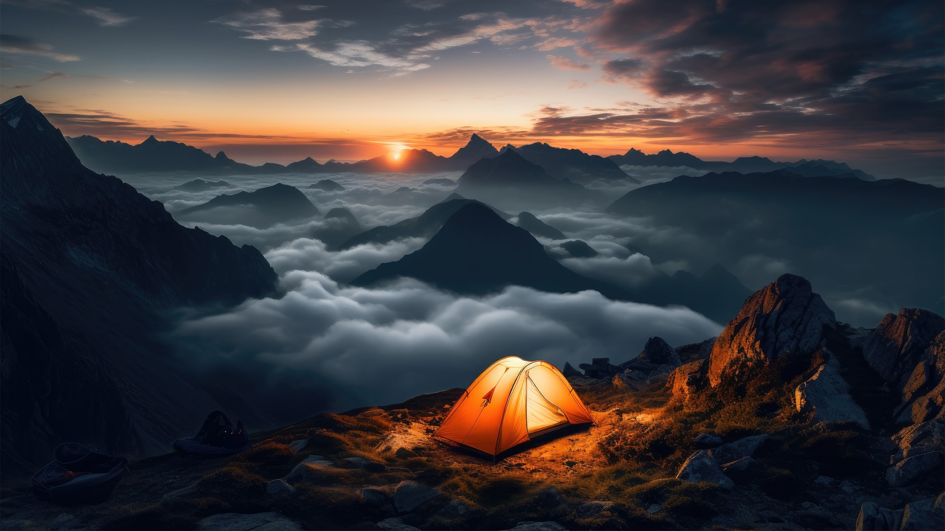 日落时分山顶露营的帐篷风景 拥抱山野自由