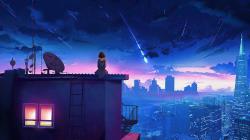 流星划过夜空坐在屋顶的女孩唯美风景动漫壁纸